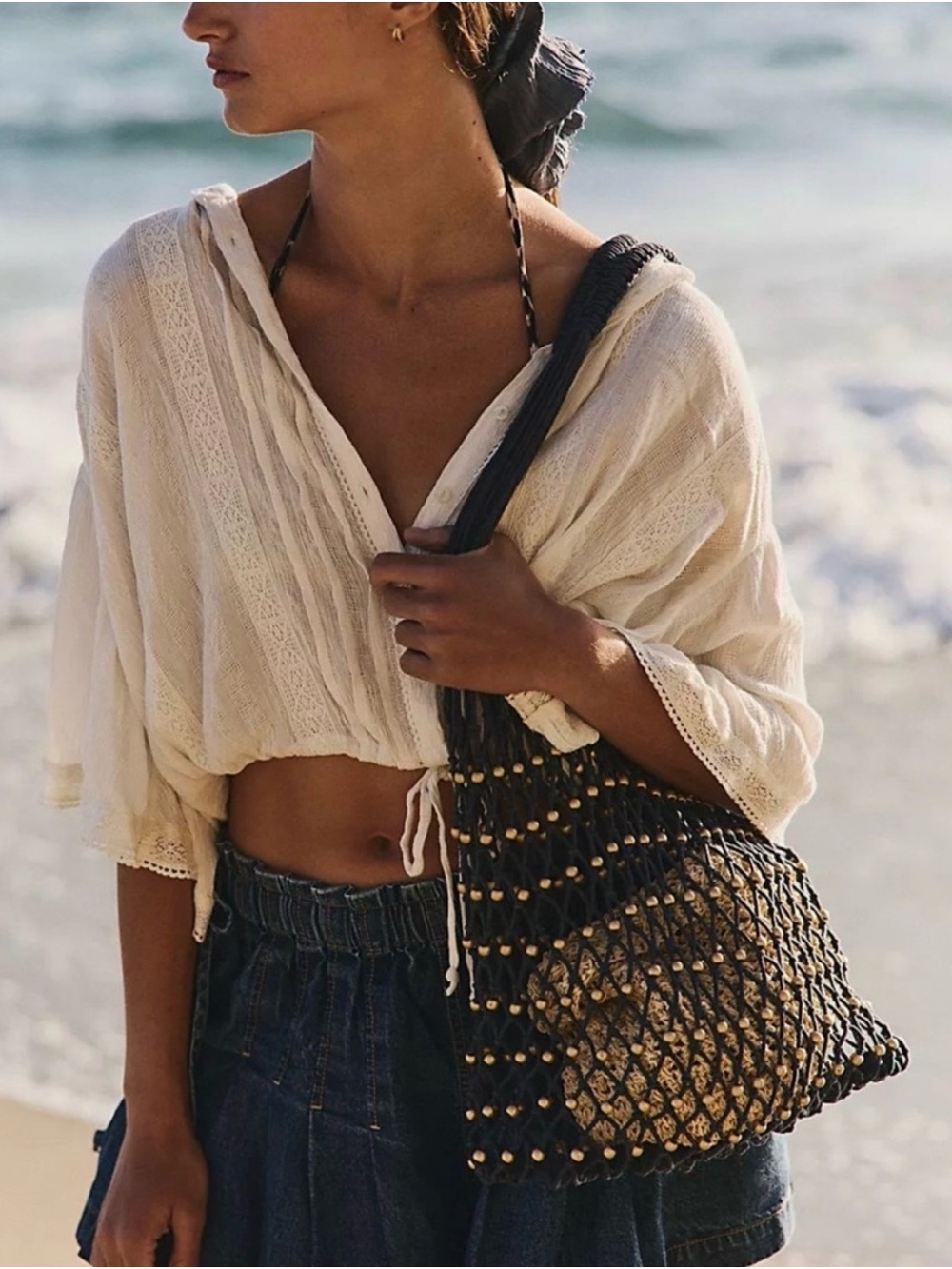 Free People Ivory Cropped Tie-Front Beach Blouse